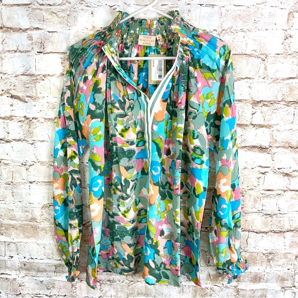 Rungolee Aspen Long Sleeve Silk Blouse in Sage Multi Floral Size Small NEW
